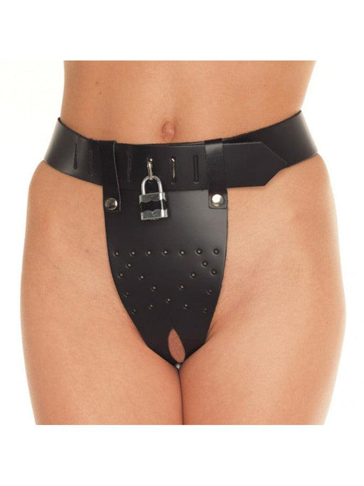 Rimba Bondage Play - Ceinture de chasteté avec deux ouvertures à l'entrejambe, cadenas inclus - Réglable - Cuir - Noir -Erotiekvoordeel.nl