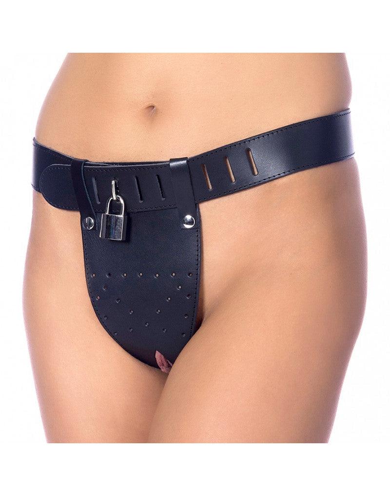 Rimba Bondage Play - Ceinture de chasteté avec deux ouvertures à l'entrejambe, cadenas inclus - Réglable - Cuir - Noir - Erotiekvoordeel.nl