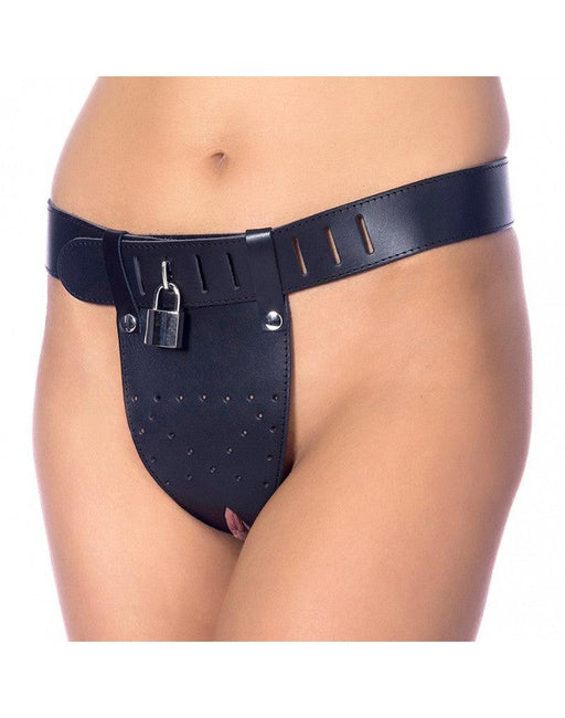 Rimba Bondage Play - Ceinture de chasteté avec deux ouvertures à l'entrejambe, cadenas inclus - Réglable - Cuir - Noir - Erotiekvoordeel.nl
