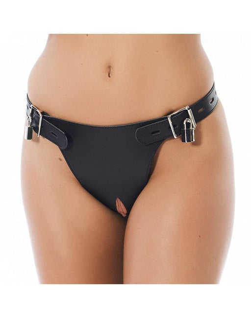 Rimba Bondage Play - Ceinture de chasteté pour femmes avec cadenas et orifice urinaire - Disponible en tailles S/M et M/L - Cuir - Noir-Erotiekvoordeel.nl
