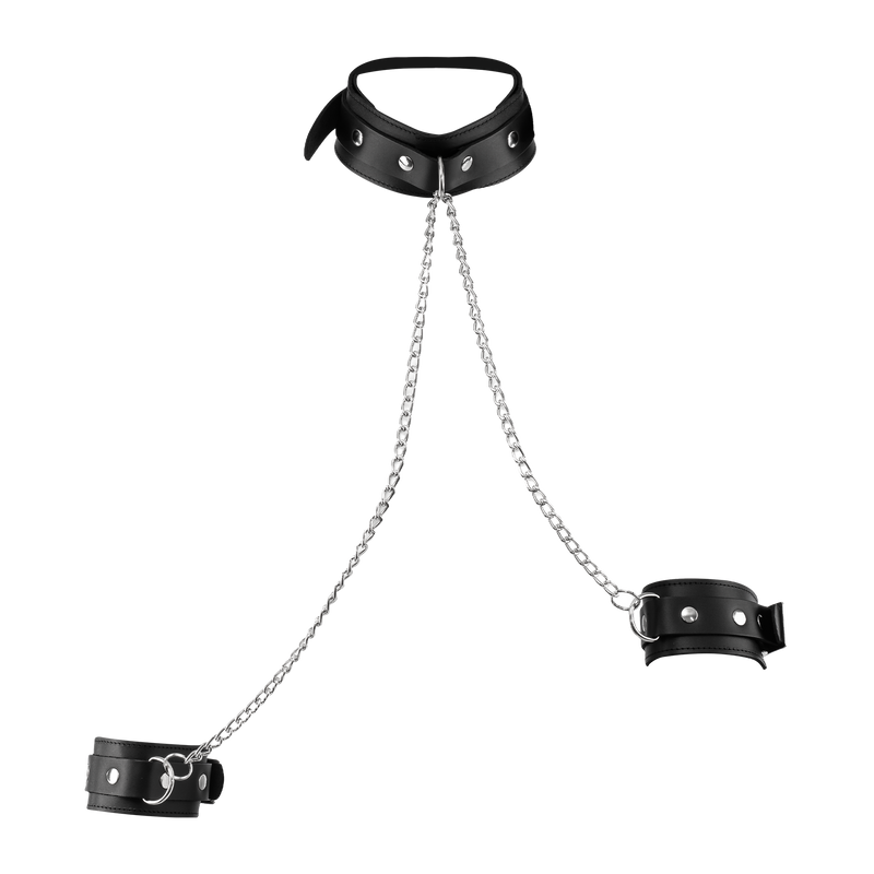 Rimba - Set di manette in pelle con collare e catena - Nero/Argento-Erotiekvoordeel.nl