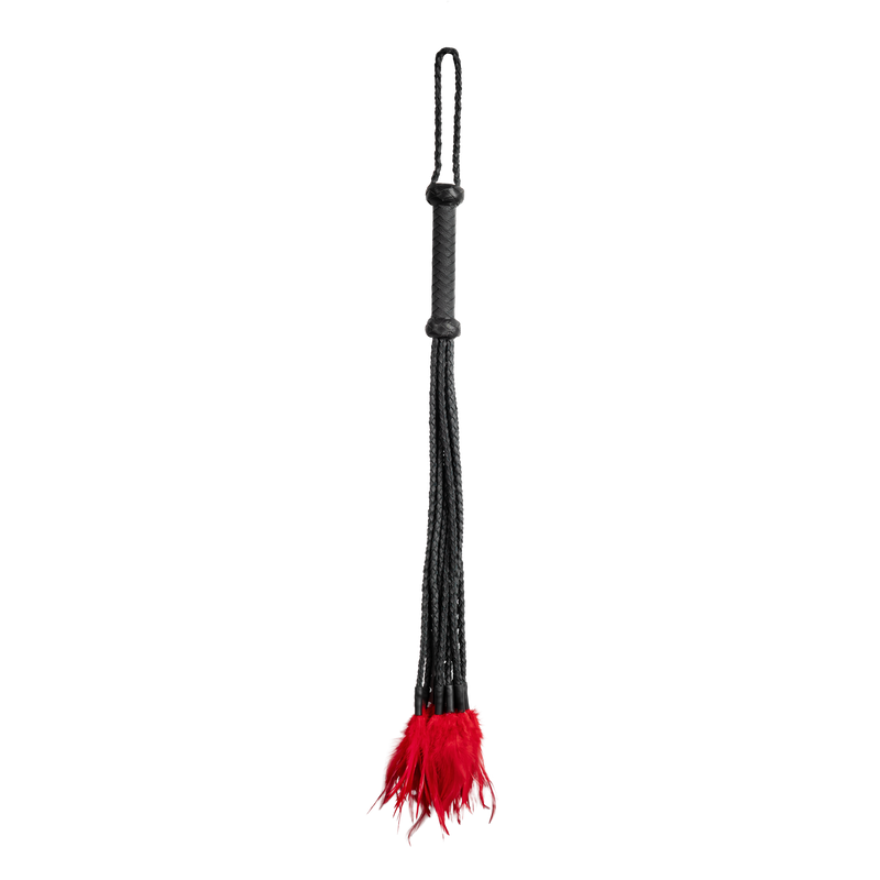 Rimba - Braided Leather Whip with Feathers - Black/Red - Erotiekvoordeel.nl