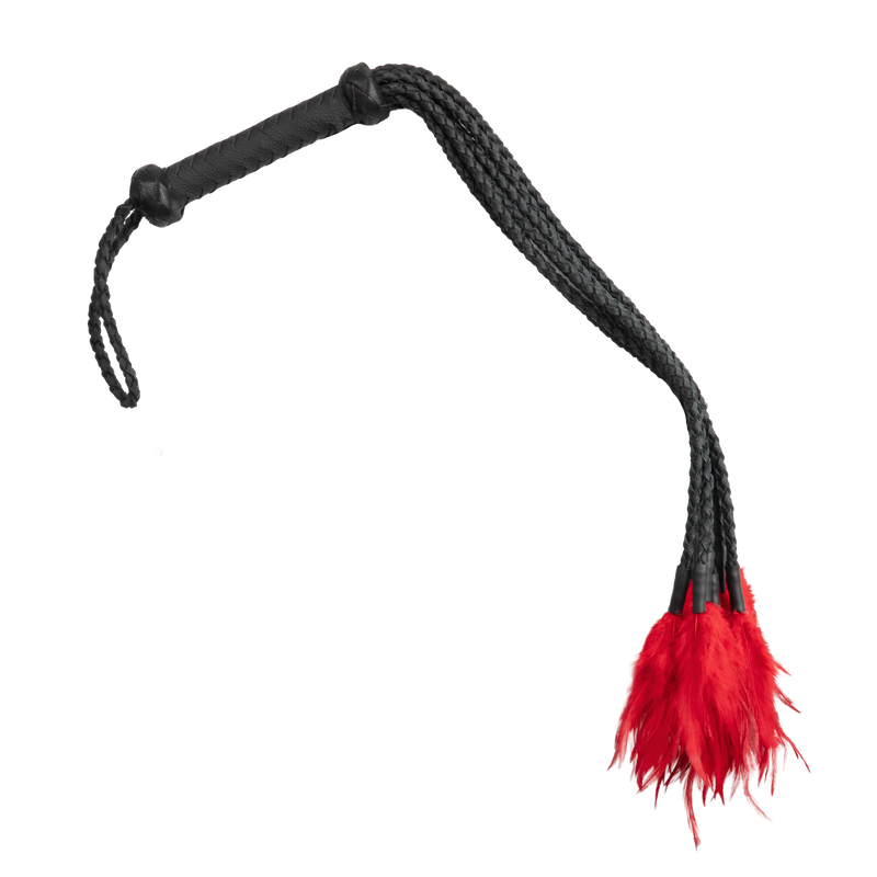 Rimba - Braided Leather Whip with Feathers - Black/Red - Erotiekvoordeel.nl