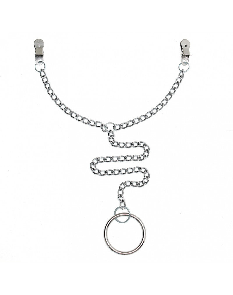 Rimba Bondage Play - Metallene Nippelklemmen mit Kette und Hodensackring Ø 50 mm - Erotiekvoordeel.nl