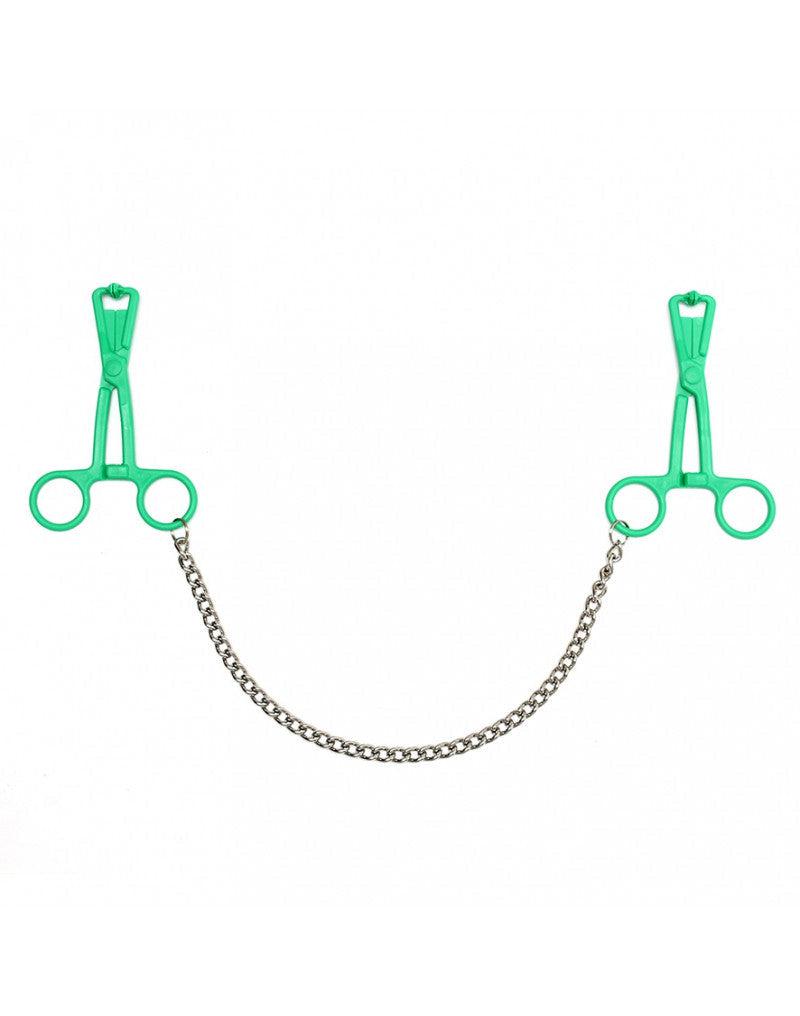 Rimba Bondage Play - Scissor Nipple Clamps With Chain - Green - Erotiekvoordeel.nl