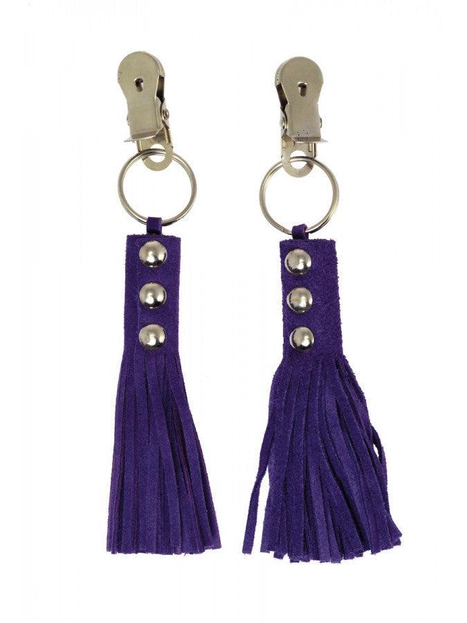 Rimba Bondage Play - Nippelklemmen mit Lederpeitsche/Quaste - Lila - Erotiekvoordeel.nl