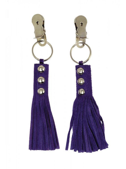 Rimba Bondage Play - Nippelklemmen mit Lederpeitsche/Quaste - Lila - Erotiekvoordeel.nl