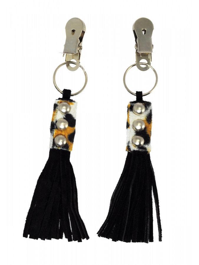 Rimba Bondage Play - Pinzas para pezones con látigo/borla de cuero - Estampado de leopardo-Erotiekvoordeel.nl