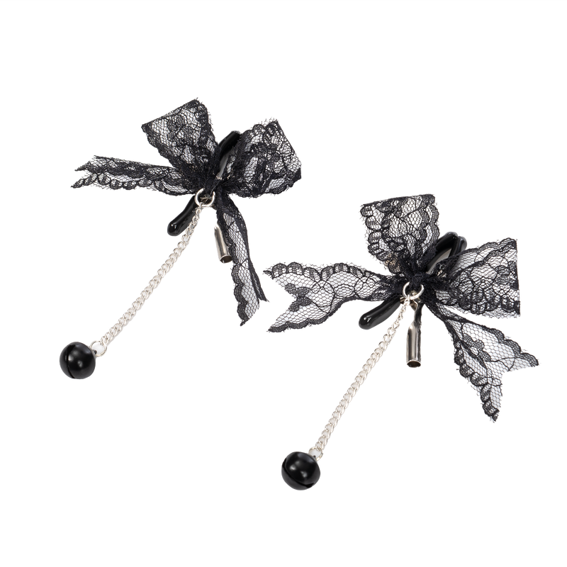 Rimba - Pinzas para pezones con lazo de encaje y campanilla - Negro-Erotiekvoordeel.nl
