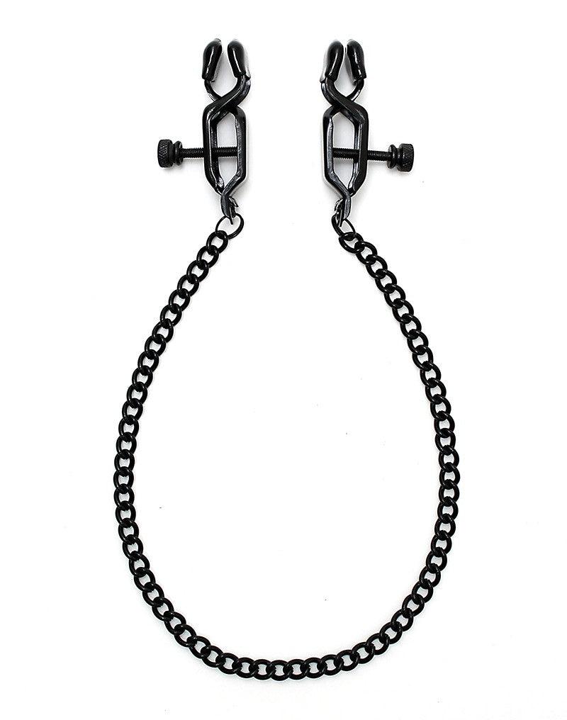 Rimba Bondage Play - Pinze per capezzoli regolabili con vite di serraggio e catena - Nero - Erotiekvoordeel.nl