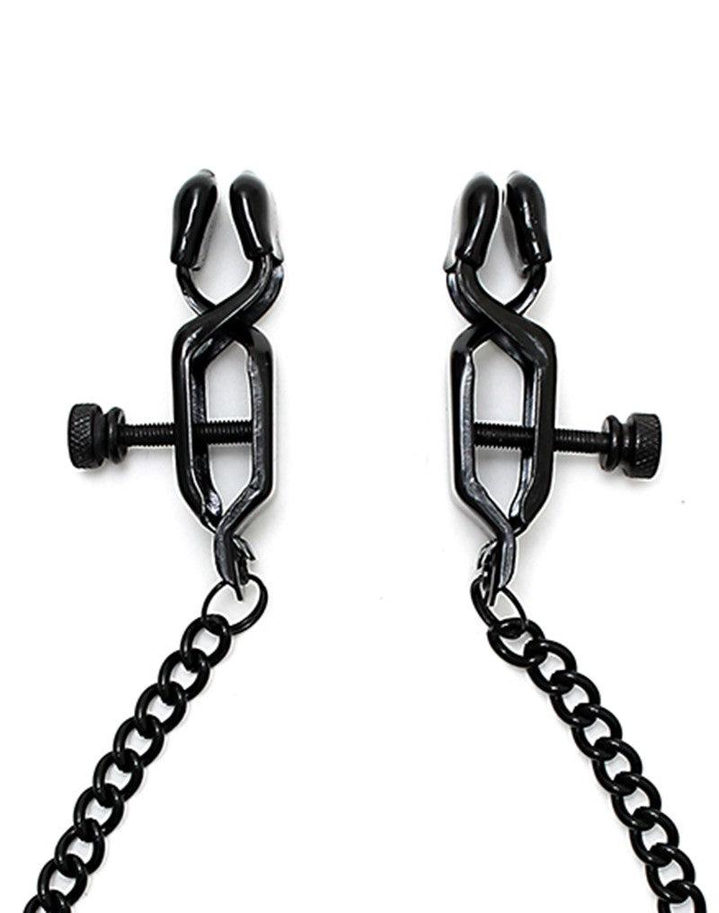 Rimba Bondage Play - Pinze per capezzoli regolabili con vite di serraggio e catena - Nero - Erotiekvoordeel.nl