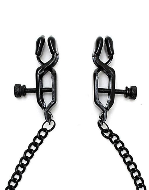 Rimba Bondage Play - Adjustable Nipple Clamps With Screw and Chain - Black - Erotiekvoordeel.nl