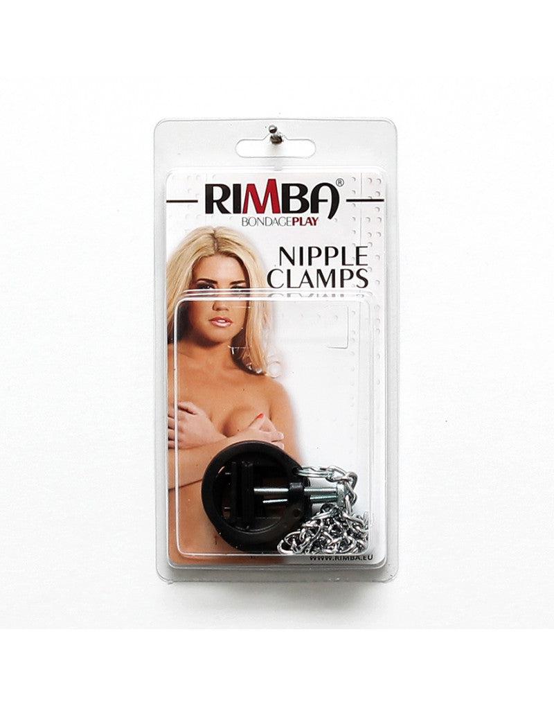 Rimba - Pinze per capezzoli rotonde nere con vite e catena - Verstelbaar-Erotiekvoordeel.nl