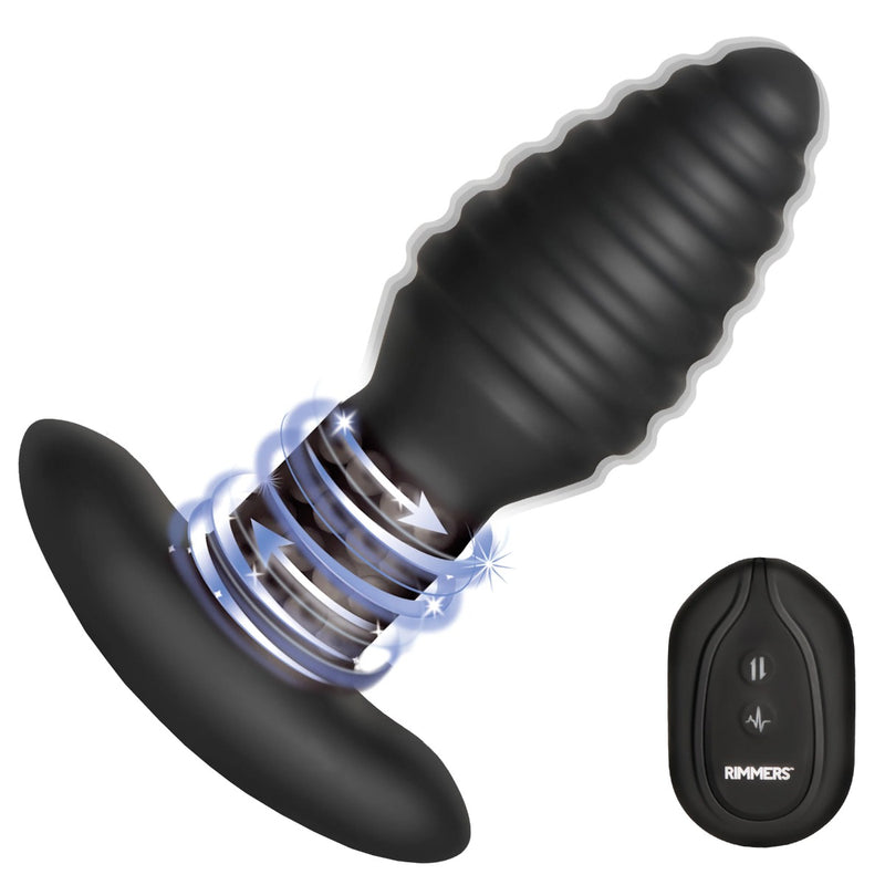 Rimmers - Modell E - Vibrierender und rotierender gerippter Buttplug mit Fernbedienung - Schwarz - Erotiekvoordeel.nl