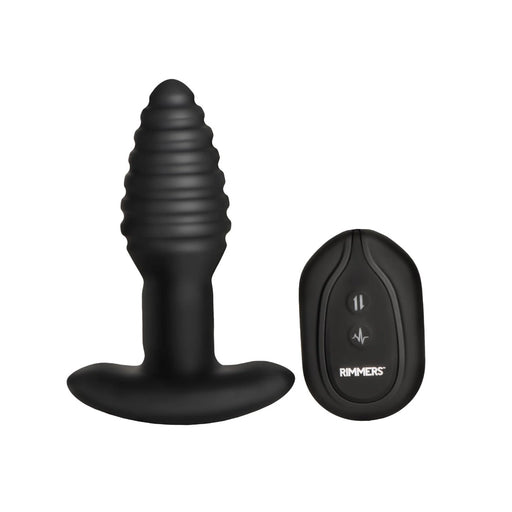 Rimmers - Modell E - Vibrierender und rotierender gerippter Buttplug mit Fernbedienung - Schwarz - Erotiekvoordeel.nl