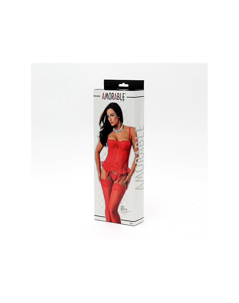 Amorable - Rood Kanten Corset - Incl. String en Kousen-Erotiekvoordeel.nl