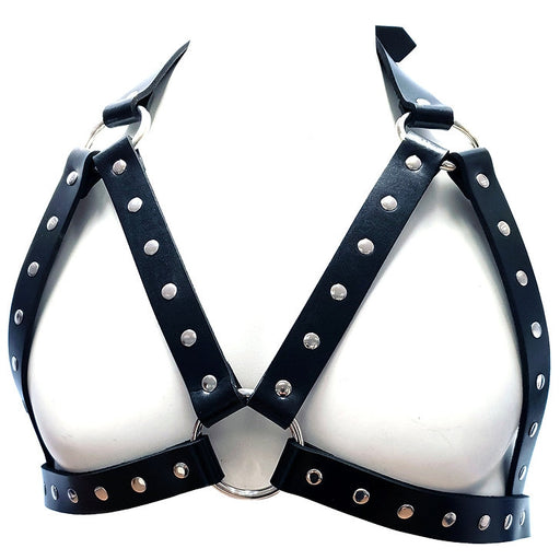 Rouge - Leather Open Bra with Studs - One Size - Black-Erotiekvoordeel.nl