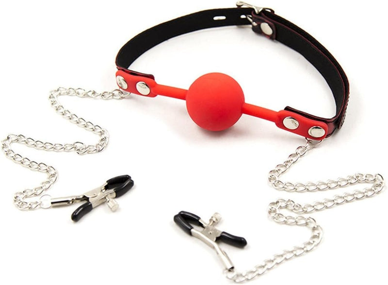 Smart Moves - Bâillon boule en silicone avec pinces à tétons - Noir/Rouge-Erotiekvoordeel.nl