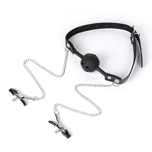 Smart Moves - Ball gag in silicone con punte e pinze per capezzoli - Nero - Erotiekvoordeel.nl