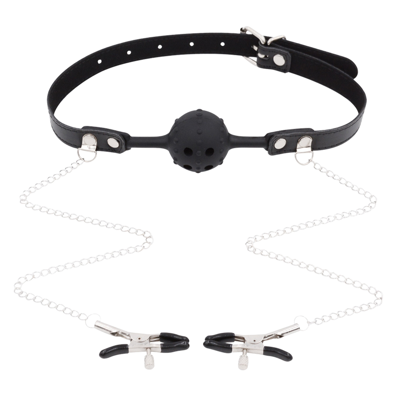 Smart Moves - Siliconen Spikes Ball Gag met Tepelklemmen - Zwart-Erotiekvoordeel.nl
