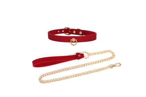 Smart Moves - Narrow Silicone Collar with Leash and Gold Leash - Red-Erotiekvoordeel.nl