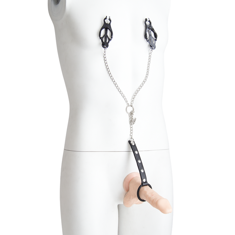 Smart Moves - Black Nipple Clamps with Chain to Cock Ring - Erotiekvoordeel.nl