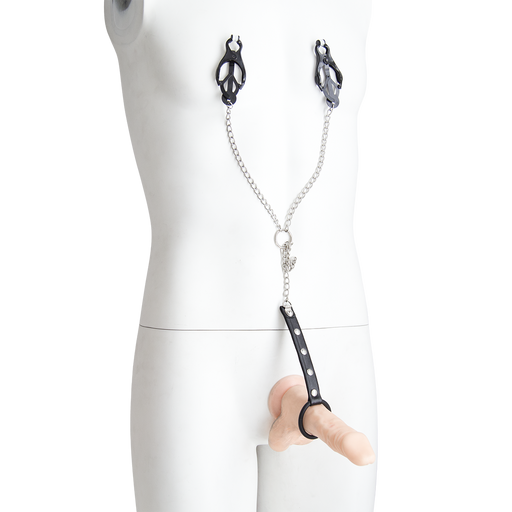 Smart Moves - Black Nipple Clamps with Chain to Cock Ring - Erotiekvoordeel.nl