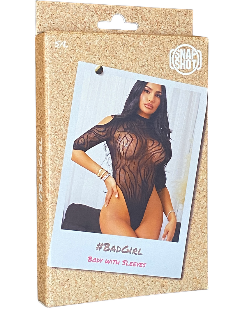 Snapshot - #badgirl - Lace Bodysuit with Sleeves - Open Shoulders - Open Back - One Size - Zwart-Erotiekvoordeel.nl