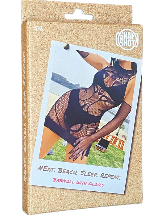 Snapshot - #eat.beach.sleep.repeat - Mini Jurkje met Handschoenen Set - One Size - Zwart-Erotiekvoordeel.nl