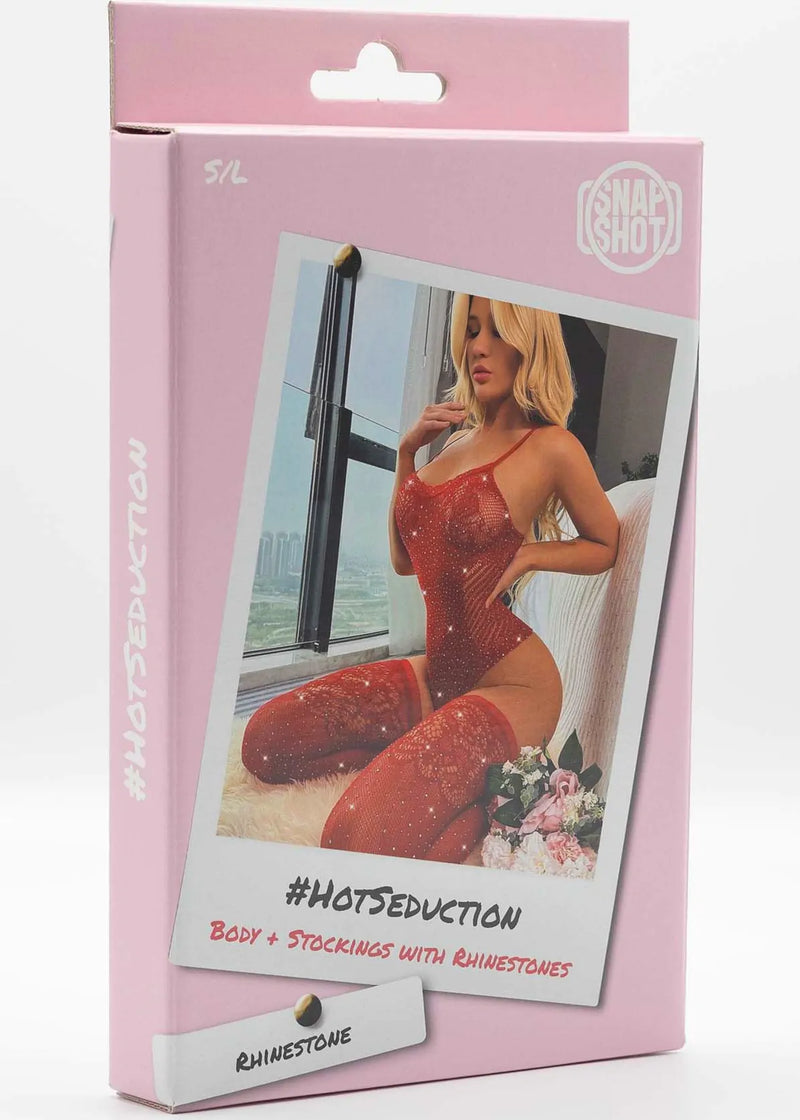 Snapshot - #hotseduction - Body y medias con pedrería - Talla única - Rojo-Erotiekvoordeel.nl