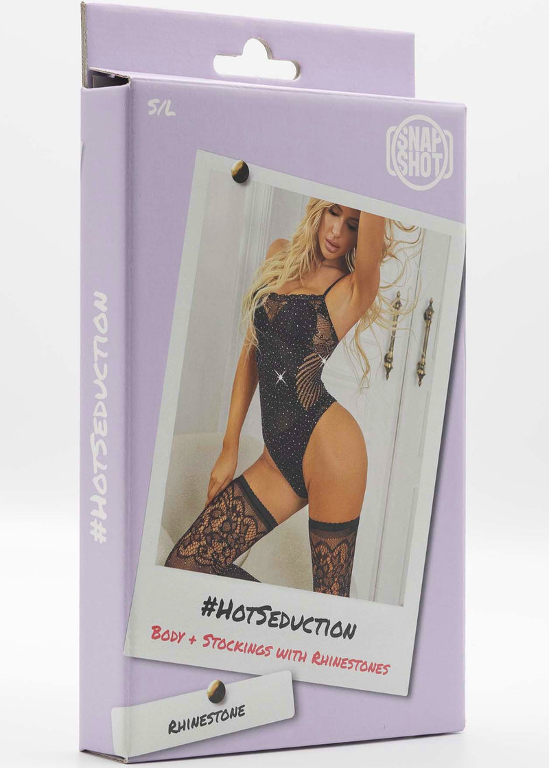 Snapshot - #hotseduction - Body e calze con strass - Taglia unica - Nero-Erotiekvoordeel.nl
