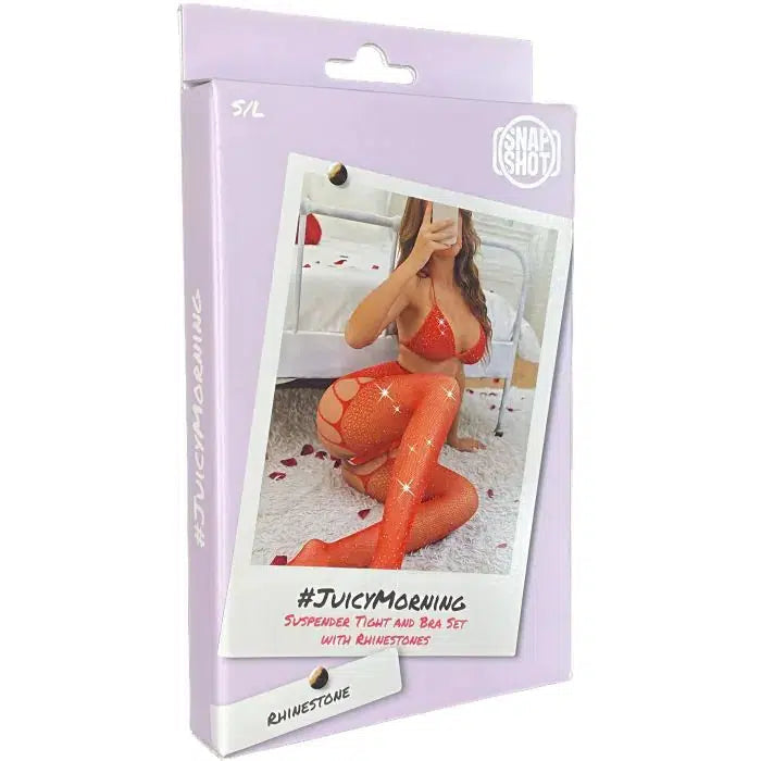 Snapshot - #juicymorning - Jarretel Panty en BH Set met Strass steentjes - One Size - Rood-Erotiekvoordeel.nl
