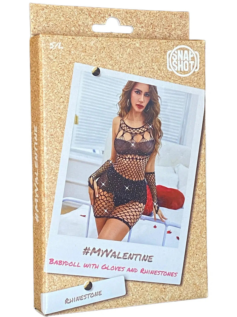 Snapshot - #myvalentine - Mini Jurkje met Handschoenen en Strass steentjes - One Size - Zwart-Erotiekvoordeel.nl