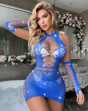 Snapshot - #naughtyneighbor - Vestido de rejilla con guantitos y pedrería - Talla única - Azul-Erotiekvoordeel.nl