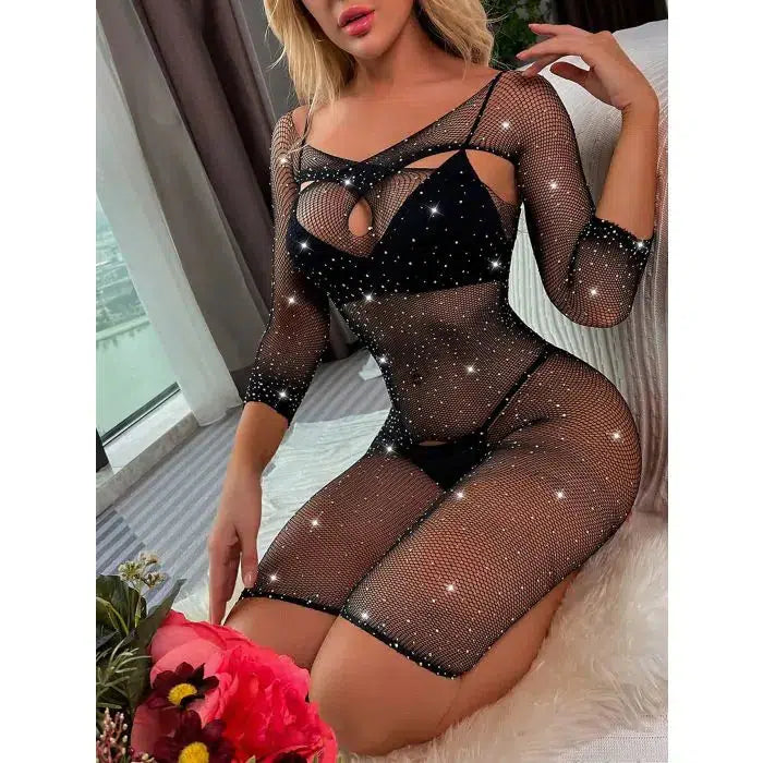 Snapshot - #partytime - Mini Jurkje met Strass Steentjes - One Size - Zwart-Erotiekvoordeel.nl