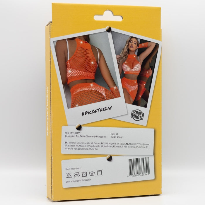 Snapshot - #picoftheday - Falda de rejilla, top y guantes con pedrería - Talla única - Naranja-Erotiekvoordeel.nl