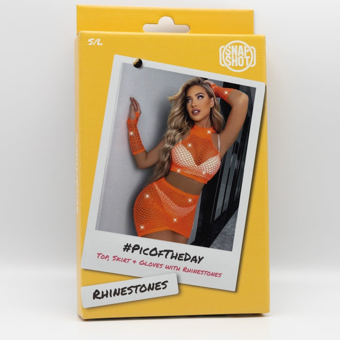 Snapshot - #picoftheday - Falda de rejilla, top y guantes con pedrería - Talla única - Naranja-Erotiekvoordeel.nl