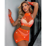 Snapshot - #picoftheday - Faldita de rejilla, top y guantes con pedrería - Talla única - Naranja-Erotiekvoordeel.nl