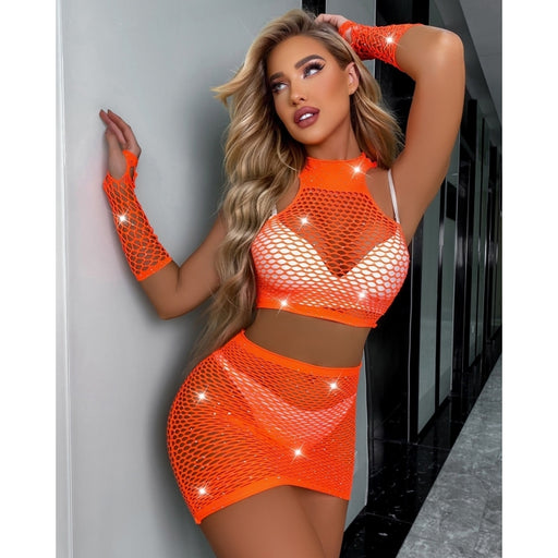 Snapshot - #picoftheday - Faldita de rejilla, top y guantes con pedrería - Talla única - Naranja-Erotiekvoordeel.nl