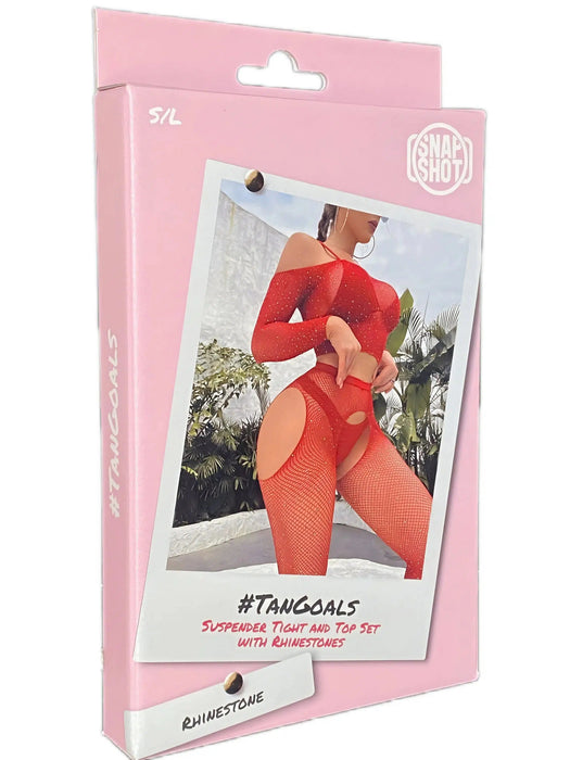 Snapshot - #tangoals - Visnet Topje enJarretel Panty Set met Strass Steentjes - One Size - Rood-Erotiekvoordeel.nl