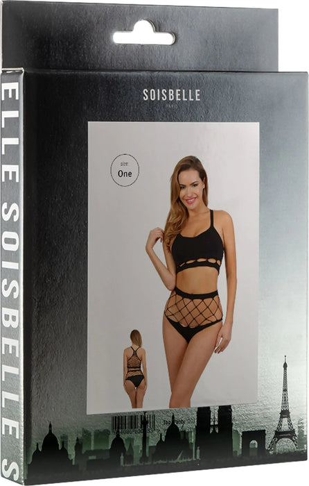 Soisbelle Paris - High Waist Visnet Slipje en Bralette Top - One Size - Zwart-Erotiekvoordeel.nl