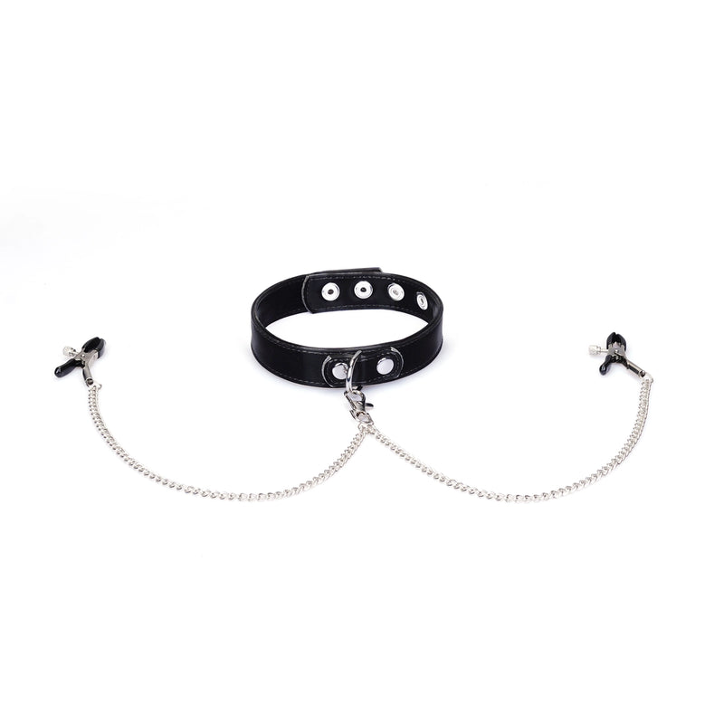 Liebe Seele - Metallic Shade - Vegan PU Lederen Collar met Tepelklemmen - Zwart