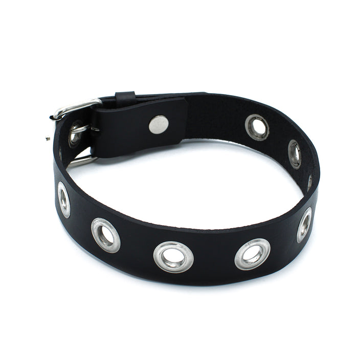 Kiotos - Zwarte Lederen Slanke Collar met Leather Slim Collar with Multi-Metalen Eyelets-Erotiekvoordeel.nl