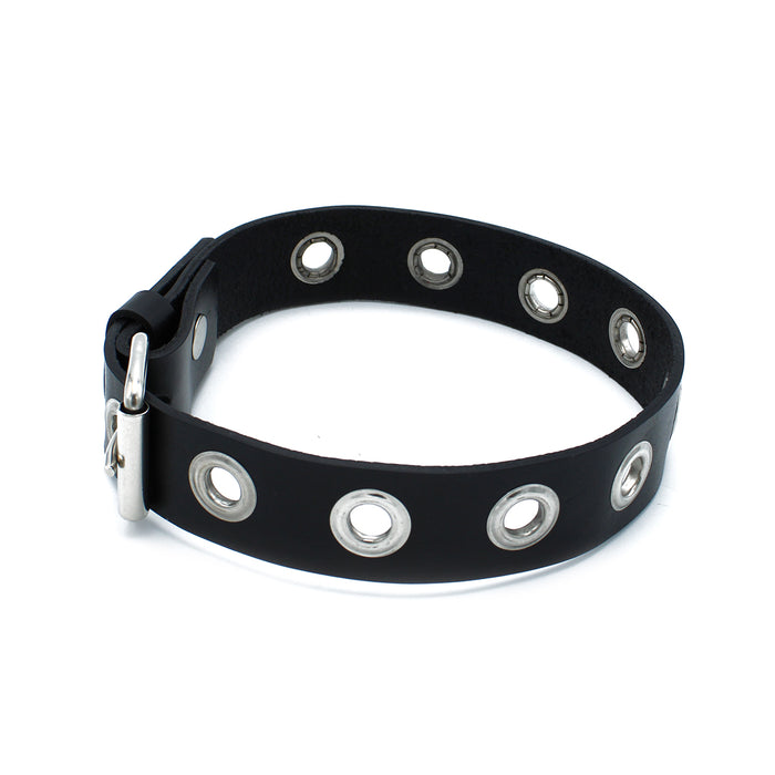 Kiotos - Zwarte Lederen Slanke Collar met Leather Slim Collar with Multi-Metalen Eyelets-Erotiekvoordeel.nl