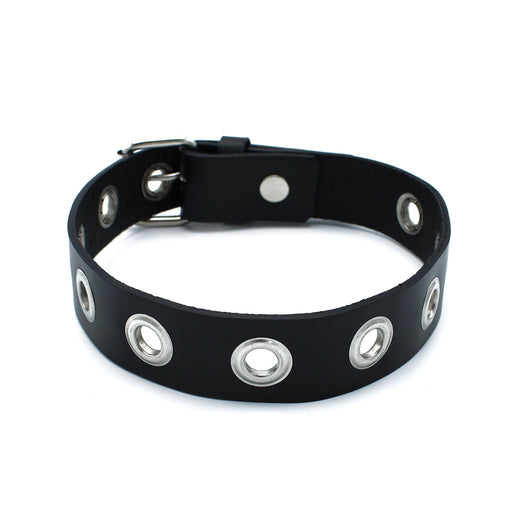 Kiotos - Zwarte Lederen Slanke Collar met Leather Slim Collar with Multi-Metalen Eyelets-Erotiekvoordeel.nl