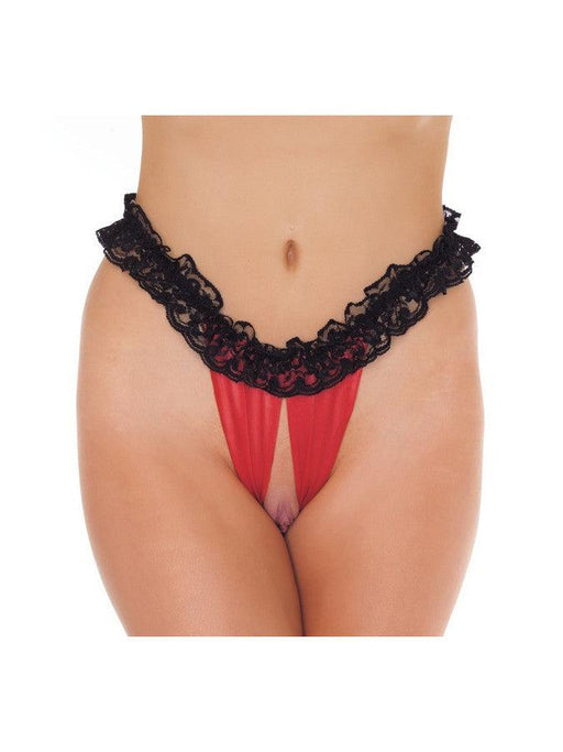 Amorable - Slip burlesque con volant in pizzo e apertura frontale - Nero/Rosso - Erotiekvoordeel.nl