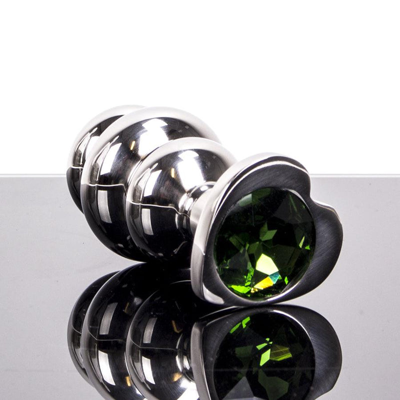 Kiotos - Ribbed stainless steel butt plug with diamond in heart shape - green-Erotiekvoordeel.nl
