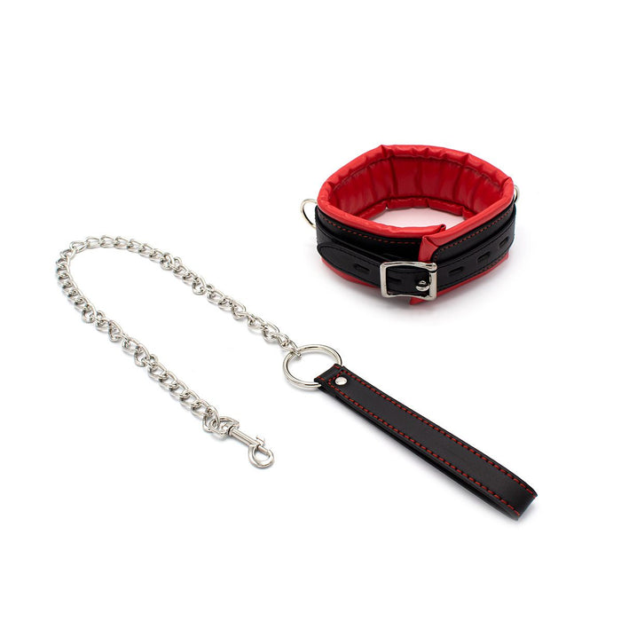 Kiotos Leather - Zwarte Leren collar Met rode voering En leash-Erotiekvoordeel.nl