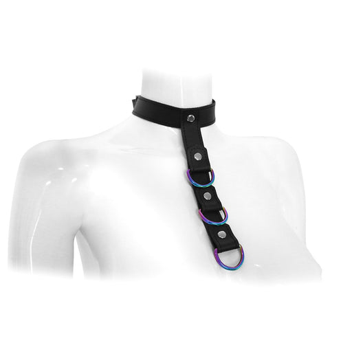 Kiotos - Lederhalsband mit kurzem Bondage-Riemen mit Ringen - Erotiekvoordeel.nl