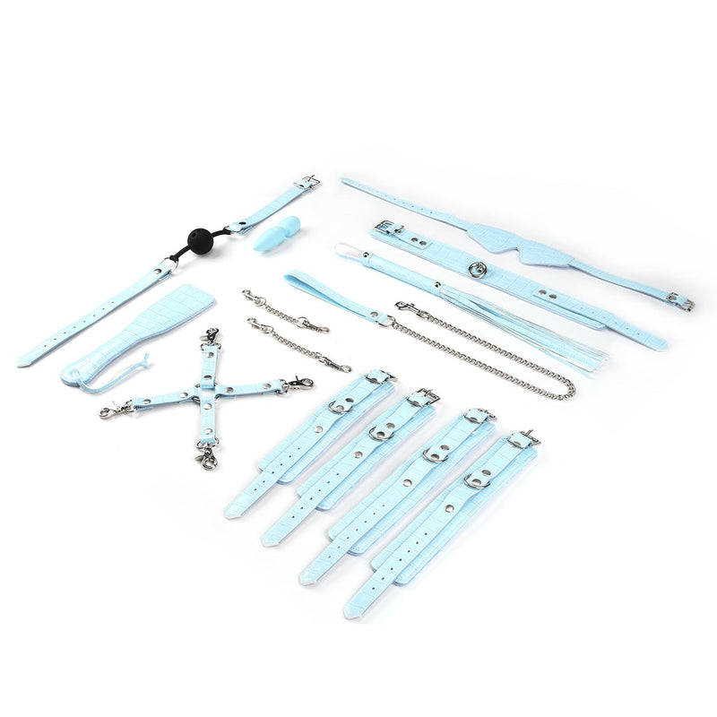 Liebe Seele - Macaron Luxe Bondage & BDSM Set Met Handboeien, Enkelboeien, Halsband, Paddle, Flogger, Hogtie, Blinddoek, Ball Gag En Mini Massager- Lichtblauw-Erotiekvoordeel.nl